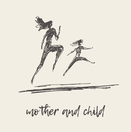 Mother child running silhouette draw vector sketchのイラスト素材