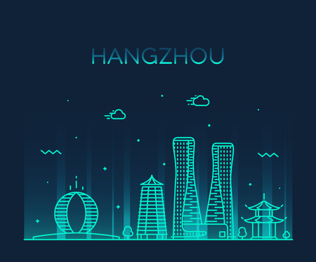 Hangzhou skyline, Zhejiang Province, East China. Trendy vector illustration, linear styleのイラスト素材