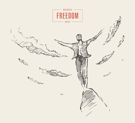 Hand drawn vector illustration, silhouette of a man on top of a hill, successful climber on a mountain, winner concept, sketchのイラスト素材