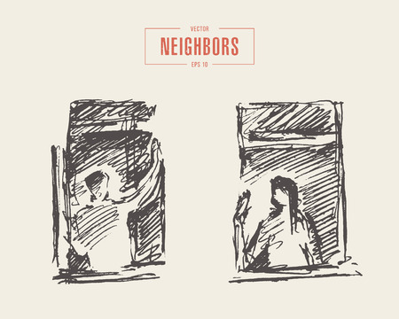 Vector windows of neighbors people greeting sketchのイラスト素材