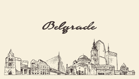 Belgrade skyline, Serbia, hand drawn vector illustration sketchのイラスト素材