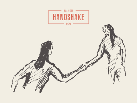 Successful business meeting, businesswoman handshake, partnership. Hand drawn vector illustration, sketchのイラスト素材