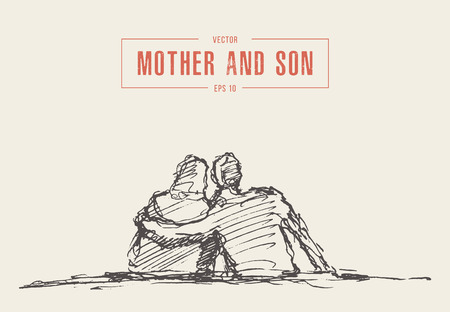 Mother and son sit hugging hand draw sketchのイラスト素材