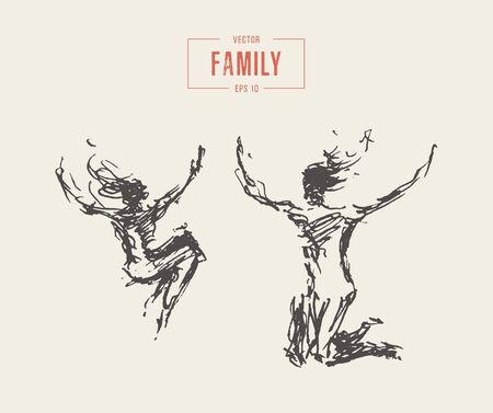 Mother child jumping Happy family vector sketchのイラスト素材