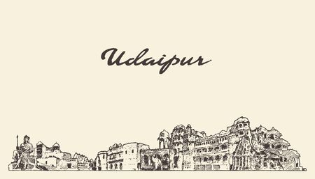 Udaipur skyline Rajasthan India hand vector sketchのイラスト素材
