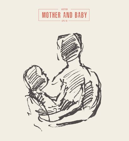 Mother holds baby in her arms drawn vector sketchの写真素材