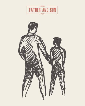 Father and son walk together drawn vector sketchのイラスト素材