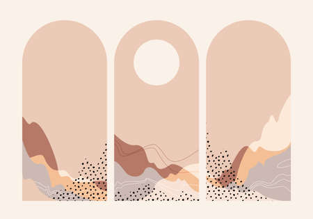 Abstract landscape with three arches and sun. Beautiful background. Warm, pastel colors. Trendy, modern, elegant designのイラスト素材