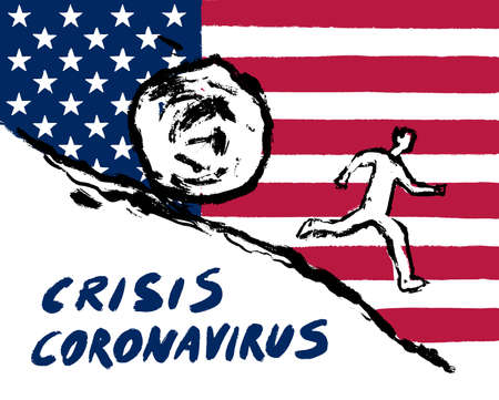 Conceptual illustration of a man running away from a large round stone. Financial, economic crisis of the world. Impact of coronavirus, 2019-ncov diseaseのイラスト素材