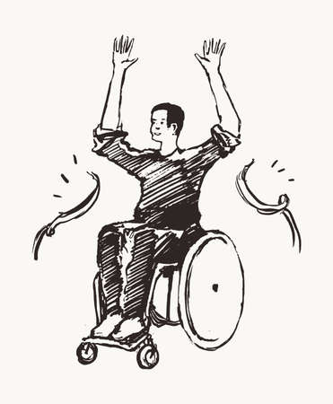 Man on a wheelchair tears through the finish line. Concept of victory, aspiration and achievement. Hand drawn vector illustrationのイラスト素材