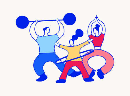 The family goes in for sports. Mom does yoga, dad does weightlifting, daughter twists the hoop. Abstract stylized hand vector illustrationのイラスト素材