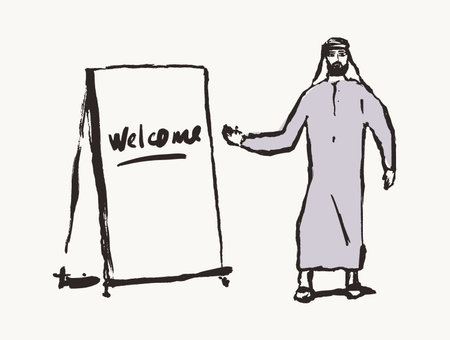 Arab man stands stand inscription welcome vector