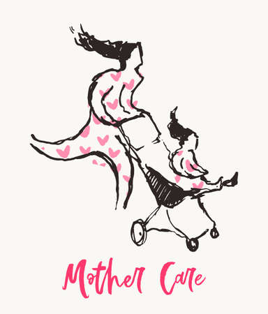 Mom walking baby carriage hand drawn vector sketchのイラスト素材