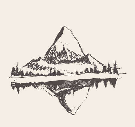 Two mountains spruce forest and lake vector sketchのイラスト素材