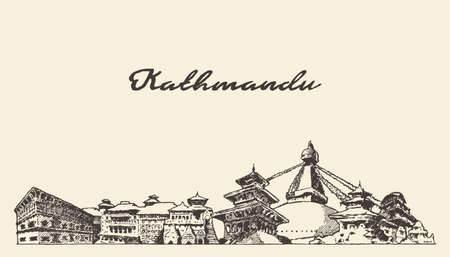 Kathmandu skyline, Nepal, hand drawn vector sketchのイラスト素材