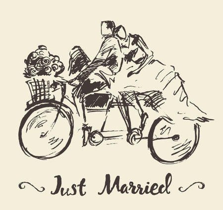 Drawn happy bride groom bicycle vector sketchのイラスト素材