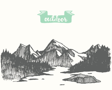 Drawn mountain landscape pine forest lake vectorのイラスト素材
