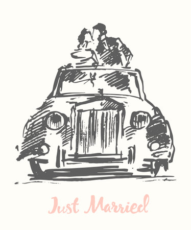 Drawn bride groom old fashioned car vector sketchのイラスト素材