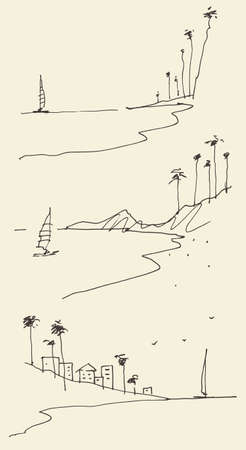 Set sketches seaside view beach vector sketchのイラスト素材