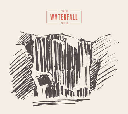 Vintage illustration of beautiful waterfall drawnのイラスト素材