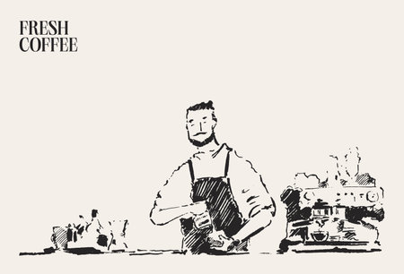 The barista makes coffee in the coffeehouse, hand drawn illustrationのイラスト素材