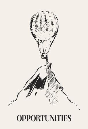 Air balloon flying over the mountains, adventures around the world, hand drawn vector illustration, sketchのイラスト素材