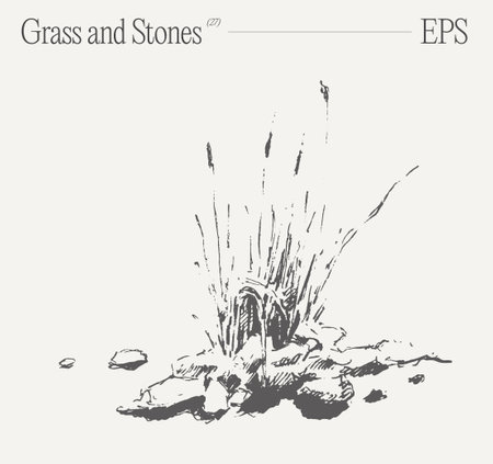 Hand drawn vector illustration of grass and rocks on blank backdrop. Isolated sketch.のイラスト素材