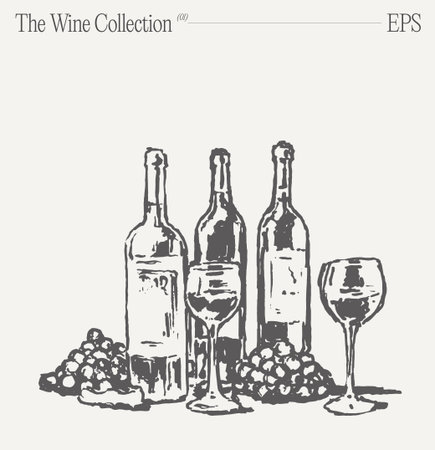 Bottles of wine, glasses and grapes on a table. Hand drawn vector illustration, sketch.のイラスト素材