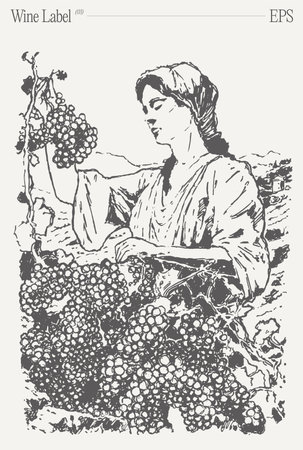 Woman picking grapes in vineyard. Label design element. Hand drawn vector illustration, sketch.のイラスト素材