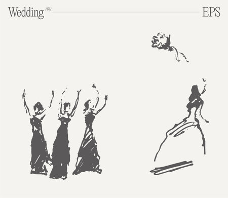 Bride tosses wedding bouquet to her friends. Hand drawn vector illustration, sketch.のイラスト素材