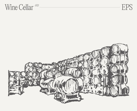 A wine cellar showcasing stacked barrels. Hand drawn vector illustration, sketch.のイラスト素材