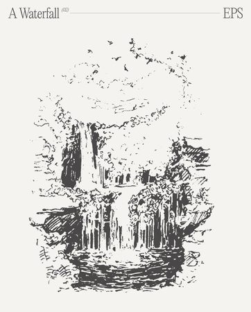 A beautiful waterfall. Hand drawn vector illustration, sketch.のイラスト素材