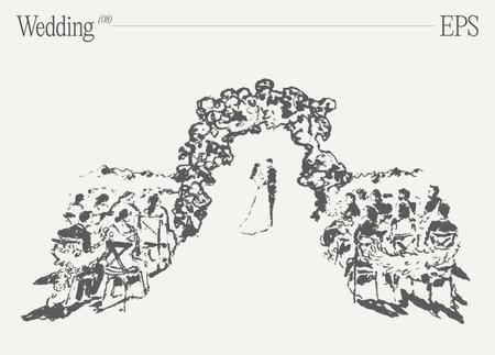 A loving couples wedding day under the Bridal Archway. Hand drawn vector illustration, sketch.のイラスト素材