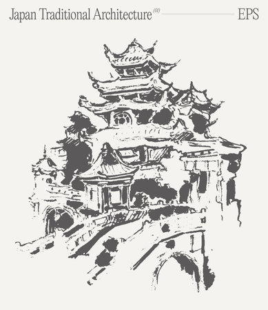 Japanese traditional temple. Hand drawn vector illustration, sketch.のイラスト素材