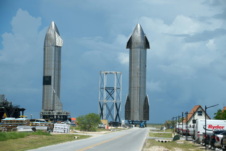 Boca Chica, Texas USA: Circa July 2021  
SpaceX starships in launch position at the Boca Chica Starbaseのeditorial素材
