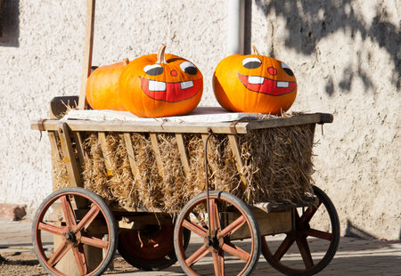 Pumpkins with painted facesの写真素材