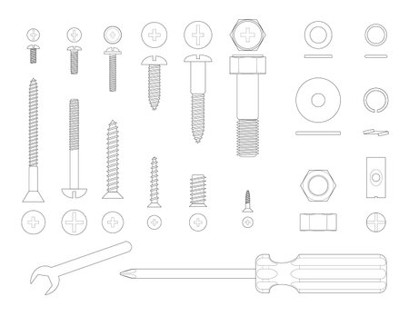 Black and white line illustration of screws and toolsのイラスト素材