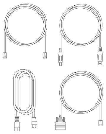 Black and white line illustration of computer cablesのイラスト素材