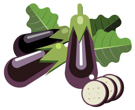 Illustration of simplistic eggplants with leaves and slicesのイラスト素材