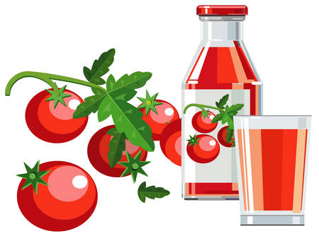 Tomato juice with bottle, glass and tomatoesのイラスト素材
