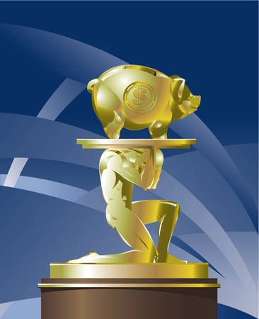 Atlant carrying golden piggy bank on a platterのイラスト素材