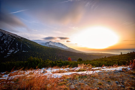 Scenic view from Predne Sloiksko during sunrise at High Tatras
