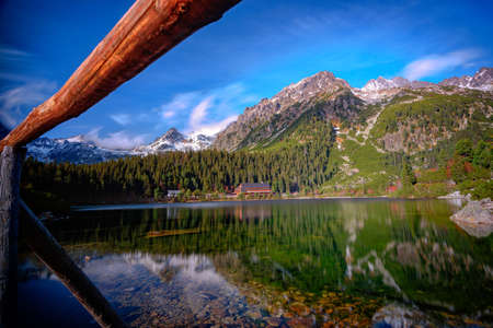 Strbske Pleso Lake in High Tatras, Slovakia in Summer with winter covered topsの写真素材