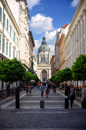 Street lines of the road to St Stephen's Basilica in Budapest, Hungaryの写真素材