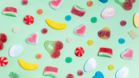 Colorful jelly candies on green background. Top view, flat layの写真素材