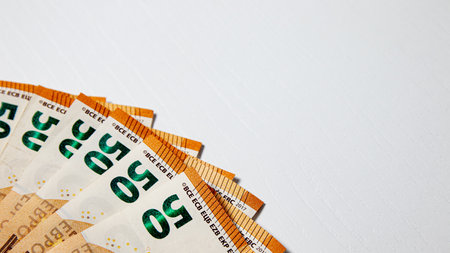 Fifty euro banknotes on a white background close-up.の写真素材