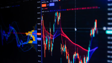 Financial stock market graph on LED display. Abstract financial stock market background. Global financial graph on LED display.の写真素材