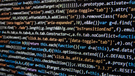 Software development. Programmer coding on the computer monitor. Close-up.の素材