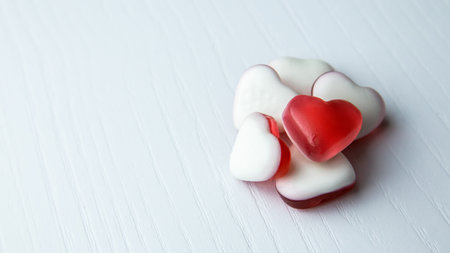 Red and white heart shaped candies on a white wooden background.の写真素材