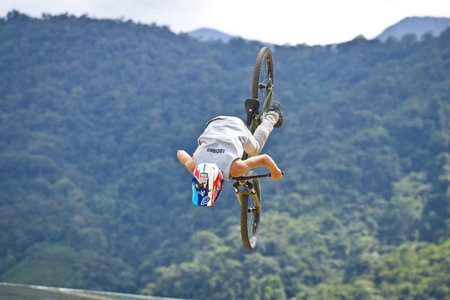 ZAMORA REGION,ZAMORA, ECUADOR, April 27 2013.  Mountain Bike Jumping Tricks in Zamora Ecuador on...